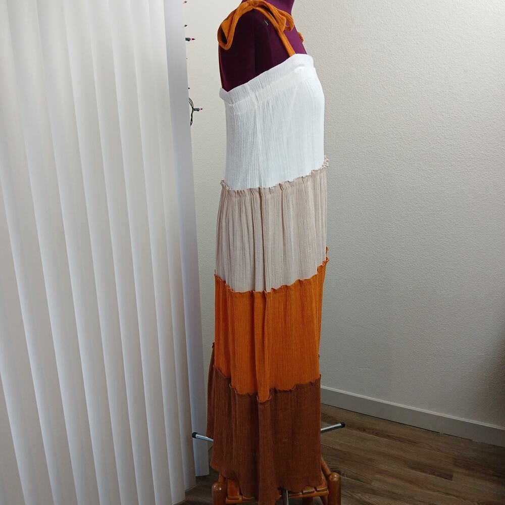 Blu Pepper Tiered Maxi Sundress S white tan orange brown colorblock lined - Picture 4 of 12